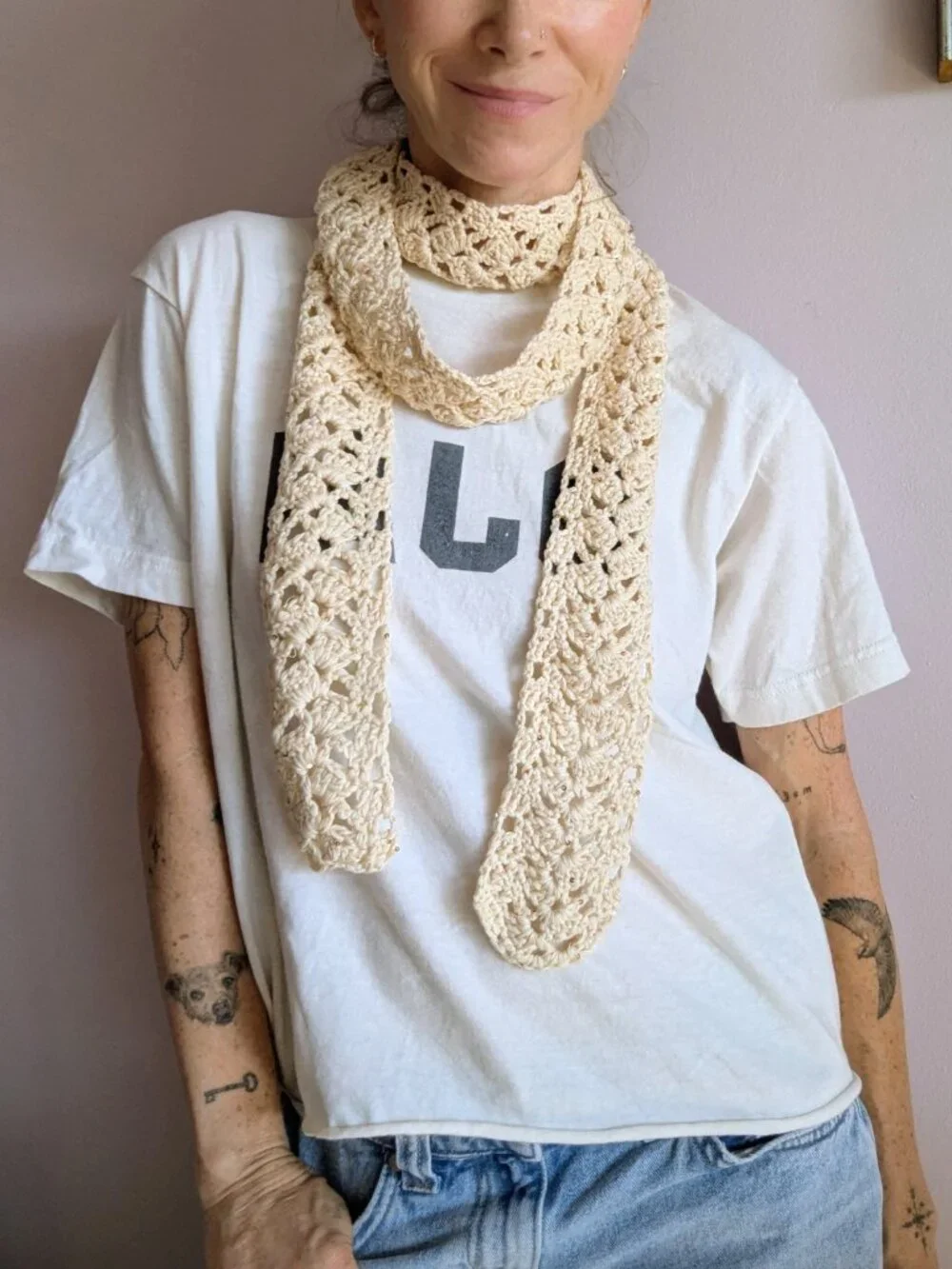 Handmade Crochet Lace Sequin Skinny Scarf Extra Long Linen Cream Gold